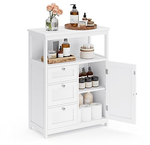 VASAGLE Floor Storage Cabinet, Freestanding Storage Unit with 3 Drawers, Adjustable Shelf, 11.8 x 23.6 x 31.5 Inches, for Living Room, Bathroom, Entryway, White UBBC542P31V2