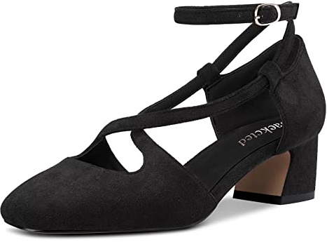 Saekcted Femmes Mi Bloc Chunky Talon Heel Carré Bout Escarpins Lanières Croisées Lanières Cheville Boucle Party Cute Chaussures Noir Suède 36 EU