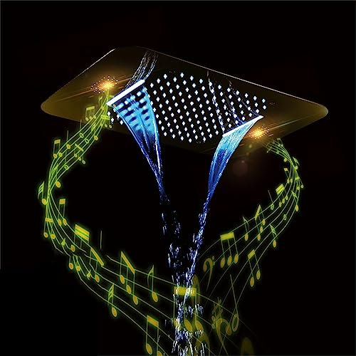 PINCHU LED Music Shower Head Gold 58X38CM Rectangle High Pressure Rainfall Showerhead with Rain and Waterfall Modes, 304 Stainless Steel, Built in Bluetooth Speaker, Remote Control 64 Color Light