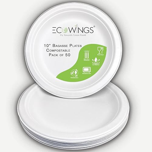 ECOWINGS 10 Inch Disposable Plates (Pack of 50) - EcoFriendly, Compostable and Biodegradable Plates - Bagasse Party Tableware - Great Alternative to Paper Plates