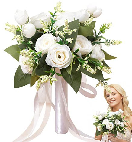 Firulab Bouquet da Sposa da Sposa - Mazzi di Fiori Artificiali di Bianche per Matrimonio | Fiori Bianchi Artificiali con per Matrimoni Home Party Shop Baby Shower Decor