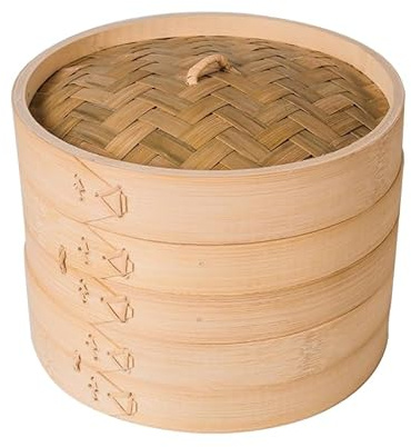 Cuiseur vapeur en bambou de 13 cm, panier vapeur à deux niveaux, comprend un couvercle en bambou et 2 paniers en bambou, idéal pour les petits pains, les boulettes, les légumes, le poisson