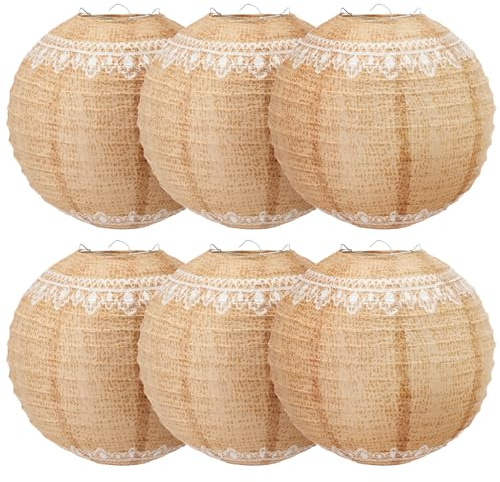 Glooglitter 6 Pcs Burlap Paper Lanterns Rustic Hanging Paper Lantern Decor for Weddings, Bridal Showers, Party Decorations, Boho Farmhouse Ceiling Decor, Indoor Outdoor Event DIY Hanging Lanterns