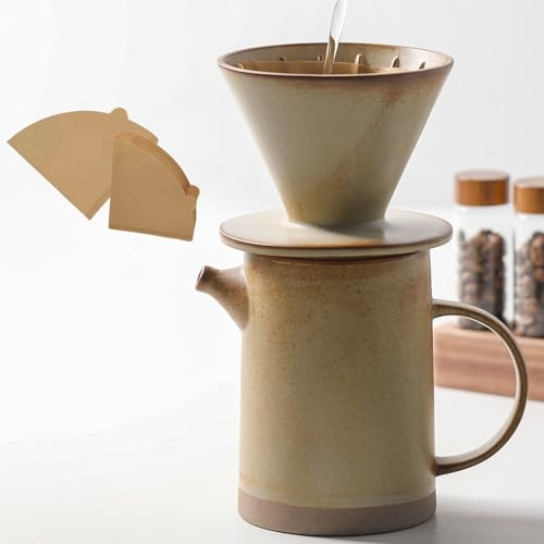 DIF DECO Pour Over Coffee Maker Set Vintage Ceramic Pour Over Coffee Dripper Set with 20 Count Paper Coffee Filters,for Home Café Restaurant Camping,15.8 Ounces(Yellow)
