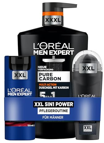 L'Oréal Men Expert 5in1 Power Pflegeset für Männer, Mit XXXL Duschgel, XXL Gesichtscreme und XXL Deoroller, Set für Herren mit Hyaluron und Karbon, Power Age, Pure Carbon, 3-teilig