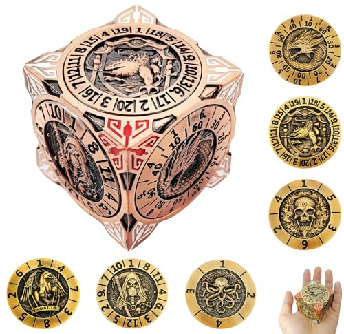 2025 Neues DND Spinner-Würfelset, 7-in-1 Metall-Würfel mit 3D-Relief, Dungeons and Dragons, polyedrische Rollenspiel-Würfel, Fantasy D&D Tabletop-RPG-Zubehör (Rotkupfer)