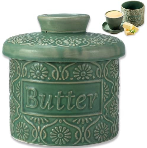 Mantequillera Francesa,Mantequera De Cerámica, Mantequillero Cerámica Para Mantequilla Fresca Y Untable, Mantequillera Vintage Para Regalo De Cumpleaños/Navidad/Día De La Madre/Abuela (Verde, 6.7oz)