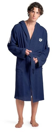 ARENA Team Stripe Unisex Bathrobe with Tie Belt and Pockets Soft Warm Robe for Pool Sauna Spa or Post Workout Comfort, Navy/White, Size X-Large