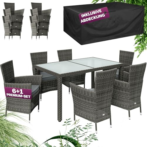 CASARIA® 6+1 Polyrattan Garden Dining Furniture Set with Weatherproof Cover & Seat Cushions | 6 Person Patio Seating Group | Stackable Chairs | 150x90cm Table with Frosted Glass Top | Grey