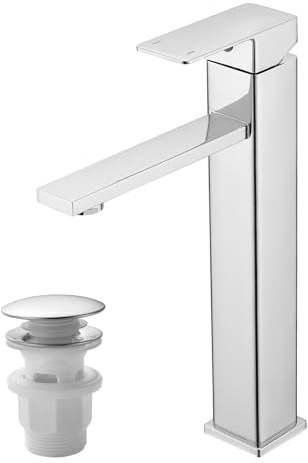 Vuadzren Rubinetto alto per bagno con scarico, miscelatore monocomando per lavabo, in acciaio inox (1, alto cromo)