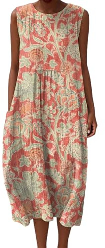 Cheesecloth Summer Dresses for Women UK Floral Midi Dress Cotton Linen Loose Fit with Pockets Sleeveless Italy Casual Beach Ladies Clothing Women's Italian Style Sundress Lightweight Holiday Outfits