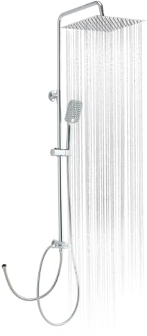 OFFO Colonna Doccia Senza Miscelatore, Asta Doccia Saliscendi con Soffione Pioggia 25x25cm e Doccetta 3 Getti, Asta Doccia Regolabile in Altezza 86-120cm, Tubo Acciaio Inox Antitorsione 1.6m, Cromo