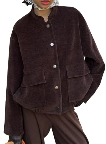 Suncadmious Giacca da Donna autunnale in velluto a coste con bottoni e maniche lunghe stile preppy stile baseball giacca monopetto con tasche stile business e ufficio (Marrone,M)