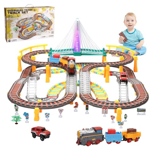 Tren Electrico Juguete Niños, Circuito Eléctrico 2 en 1 con Vías de 215 Piezas, Rieles, Puentes, Luces y Sonidos, Tren y Coches de Carreras para Niños de 3, 4, 5, 6, 7, 8 Años