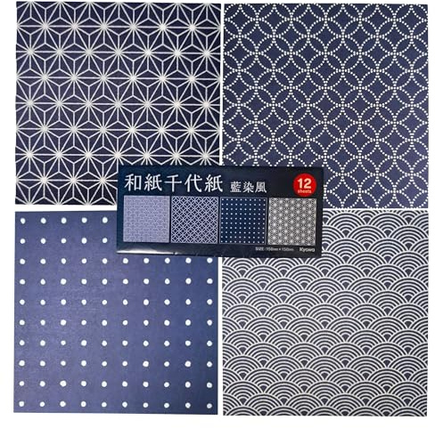 Japanese Origami Paper 6 inch 12 Sheets, 4 Indigo Dyed Style Patterns, Made in Japan, Traditional Washi Chiyogami Paper for Origami, Crafts, and Art Projects