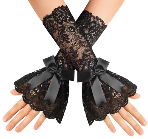 Avidlove Ruffle Bow Lace Gloves for Women Fingerless Elbow Length Costume Gloves for Masquerade Opera Tea Party Goth