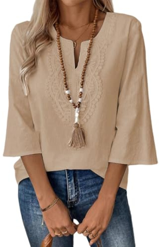 shownicer Chemisier Femme Chic Et Élégante Blouse Dentelle Col en V Manches 3/4 Chemise Coton Et Lin Chemisiers Et Blouses Été Tunique Haut