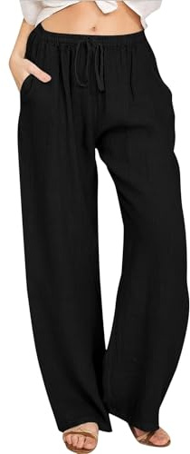 Generico Pantaloni di Lino Donna Estivi Leggeri Pantaloni Eleganti in Cotone con Tasche da Spiaggia Casual Larghi Comodi Pant Elastico Vita Alta Tinta Unita