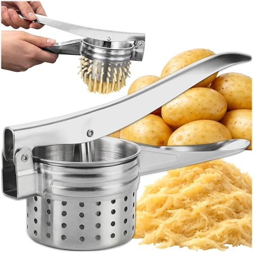 KRUMAD Prensa de patatas con agujero redondo de metal estable de 26,5 cm, prensador de patatas de acero con asas largas para masa fina, prensa manual para puré, ñoquis, verduras y rellenos