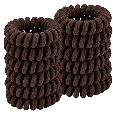 Spiral Hair Ties (Cloth Coffee, 12 Pcs), Coil Ponytail Holder for Thick Hair, No Crease Phone Cord Ties for All Hair Types with Plastic Spiral