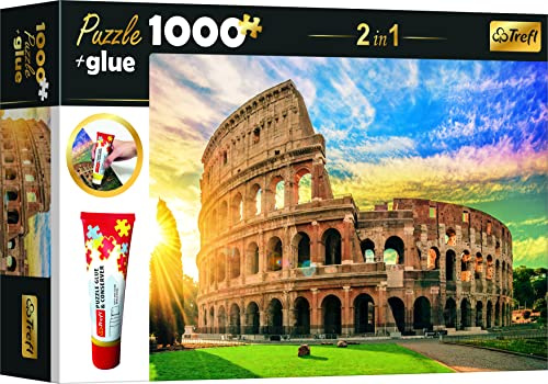 Trefl - Set 2In1 Puzzle + Colla, 1000 Elementi, Anfiteatro Flavio, Roma, Italia, Colla E Conservante Per Puzzle, Assembla E Combina