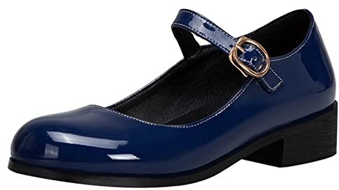 Bviennic Donna Scuola Tacco Medio Vernice Mary Jane Scarpe Punta Rotonda Comodo con Cinturino alla Caviglia Tacco A Blocco Pump Formal Estate Scarpe Blu Numero 41 Eu-43Cn
