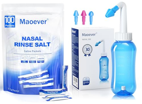 MAOEVER Neti Pot with 130 Nasal Wash Salt Packets Sinus Rinse Bottle Nose Wash Cleaner Pressure Rinse Nasal Irrigation for Adult & Kid BPA Free 300 ML Sticker Thermometer