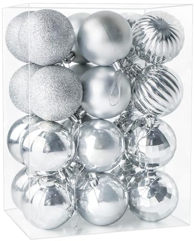24 Pieces 60mm Christmas Baubles, Christmas Balls Decoration Tree Pendants, Tree Decorations Xmas Hanging Ornaments, Silver