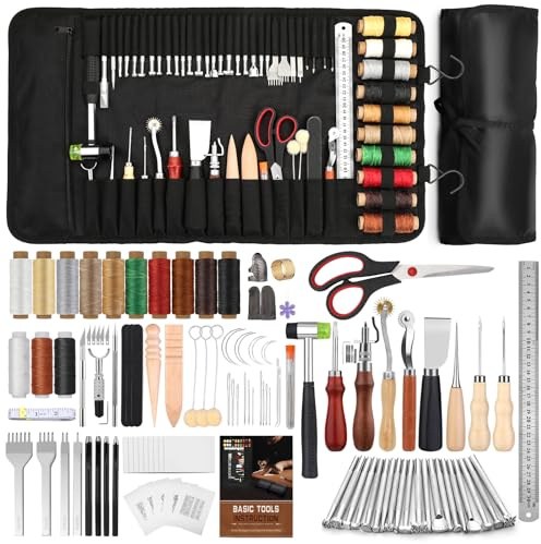 NAMOON Leather Working Kit, Leather Crafting Tools with Storage Bag and Manual, Stamping Tools, Awl, Punch, Waxed Thread for Punching Carving Stitching