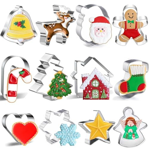 FINEVERNEK 12 Pezzi Formine Biscotti Natale Stampi Biscotti Natale,Tagliabiscotti Natale in Acciaio Inox, Stampini per Biscotti Con Fiocco Di Neve, Albero Di Natale, Renna, Omino Di Pan Di