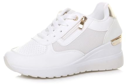 AJVANI Womens Ladies mid Wedge Heel Gold Trim lace up Trainers Sneakers Size 4 37