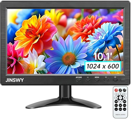 JINSWY 10.1 Security Monitor, 1024x600 HD Display, HDMI VGA BNC AV USB Ports, Small Monitor with Built-in Speakers & Remote Control, for CCTV Surveillance, DVR, PC, Raspberry Pi