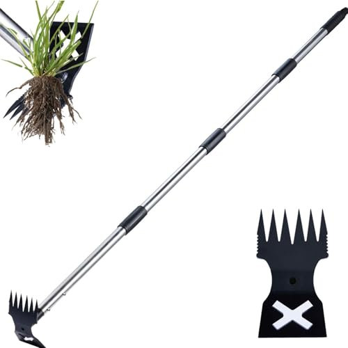 ROCKY&CHAO Manual Weed Puller Tool, 2-in-1 Long Handle Garden Hoe 150cm, Stand-Up Weeding Tool with Heavy-Duty Cast Steel Head for Lawn, Garden, Patio & Vegetable Beds