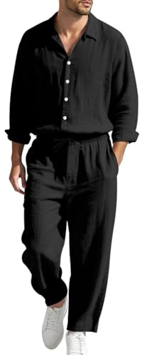Generico 2 Pezzi Tuta Uomo Set completo Estivo in Lino, Camicia e Pantaloni con Elastico in Vita, a Maniche Lunghe, in Tinta Unita, Traspirante Casual, per Spiaggia Vacanza, per il Tempo Libero