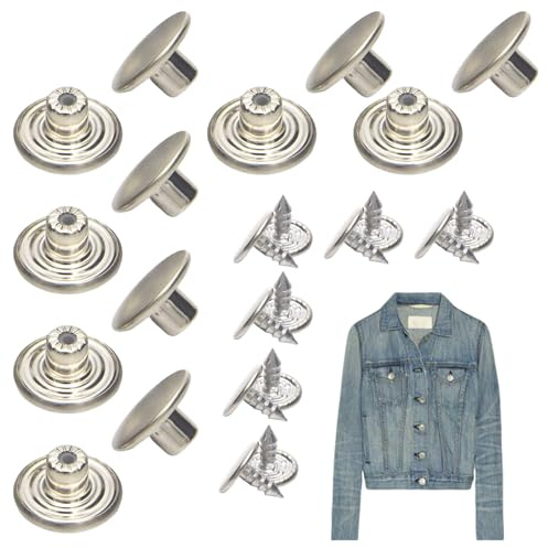 17mm Jeans Buttons No-Sew Metal Tack Buttons Replacement Kit 12 Set, Matte Silver