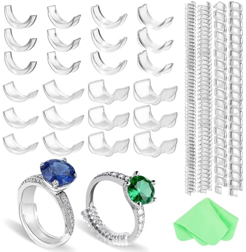 Hanqing 29 Pcs Ring Size Adjuster for Loose Rings, Invisible Silicone Ring Size Adjuster, Ring Resizer for Ring Adjuster Smaller, Holder Rings Tightener and Guards, Polishing Cloth