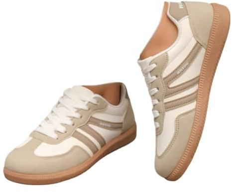 Zapatillas de deporte de moda para mujer, con cordones, informales, planas, elegantes, con puntera redonda, antideslizantes, casuales, beige, 43 EU