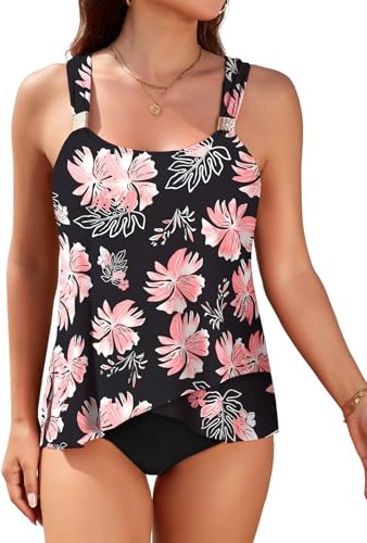 Nadeer Tankini Mujer Reductor Barriga Traje de Baño 2 Piezas Push Up Sexy con Volantes Conjunto de Bikini Relleno Ajustables de Cintura Alta para Piscina Playa Verano(Flores Rosas,M)