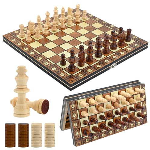 Scacchiera Magnetica in Legno 3 in 1, Scacchi Portatili e Pieghevole, 29 x 29 cm Scacchi da Viaggio con Spazi di Archiviazione, Chess Board Set Backgammon e Dama per Feste, Attività Familiari