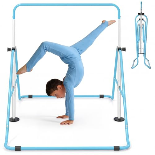 GYMAX Barra de Gimnasia para Niños, Barra de Entrenamiento Plegable con Altura Ajustable en 5 Niveles de 90-130 cm, Estructura Triangular, Uso Interior Exterior, Carga de 70 kg, 3-12 Años (Azul)