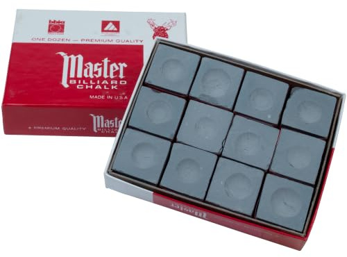 Master Billiard Pool Chalk, Pack of 12 Cubes, Grey, with Protective Box - Professional Billiards Chalk for Smooth, Even Coating on Cue Tip - Pool Table Accessories Gifts for Men (18-336)