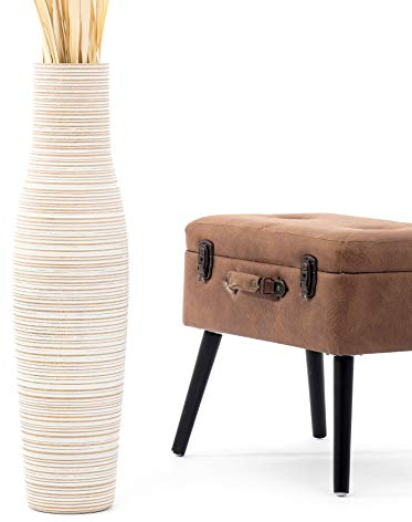 Leewadee Grand Vase A Poser Au Sol pour Branches Décoratives De Pampa, Vase en Bois De Manguier, 65 cm, Blanc