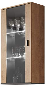 Hängevitrine Soho S2, Vitrine Glasvitrine, Vitrinenschrank, Stauraumvitrine, Wohnzimmer, Highboard, Schrank (Eiche Lefkas/Eiche Lefkas + Schwarz, mit weißer LED Beleuchtung)