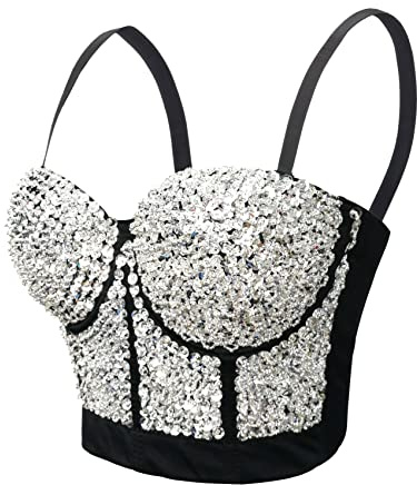Woboren Dam paljett pärlstav bustier magtröja push-up klubb party korsett topp avtagbara remmar, SILVER, L