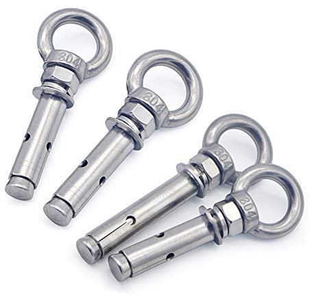 4PCS M6 x 60 mm 304 Stainless Steel Expansion Eye Bolts, Lifting Eyebolt Extension Anchor Bolts with Rings Wall Masonry Concrete Screws