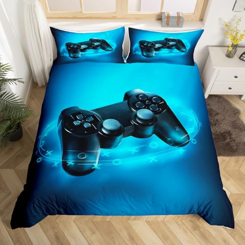 Homemissing Ensemble de Linge de lit pour Enfants garçons Gamepad Print Housse de Couette Blue Game Theme Literie Jeu vidéo Boutons d'action 140x200cm pour Les Adolescents Microfibre Douce