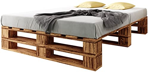 sunnypillow Palettenbett M2 aus Holz 200 x 200 cm mit Lattenrost, Doppelbett, Familienbett - erhöhtes Ehebett Bettgestell Futonbett Komforthöhe Geflammt Massivholzbett