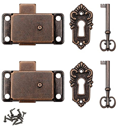 Quiodok 2 Pcs Antique Cabinet Door Lock Sets, Vintage Lock with Key for Wardrobes, Drawers, Boxes