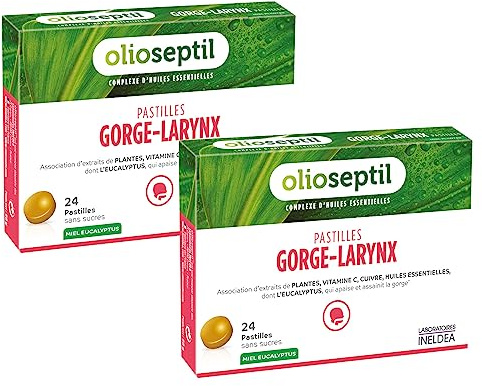 OLIOSEPTIL - Pastilles à Sucer Gorge-Larynx - Apaise et Assainit la Gorge - Sans Sucres Ajoutés - Extraits de Plantes, Vitamine C, Cuivre et Huiles Essentielles - Gout Miel Eucalyptus - Lot de 2
