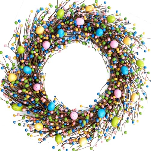 Egolot 26 Inch Spring Easter Colorful Egg Wreath for Front Door, Colorful Home Decoration Easter Eggs and Berries Wreath for Indoor and Outdoor Use